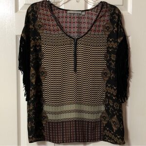 Valerie Stevens Patterned Fringe Sleeves Women's Blouse Size Medium